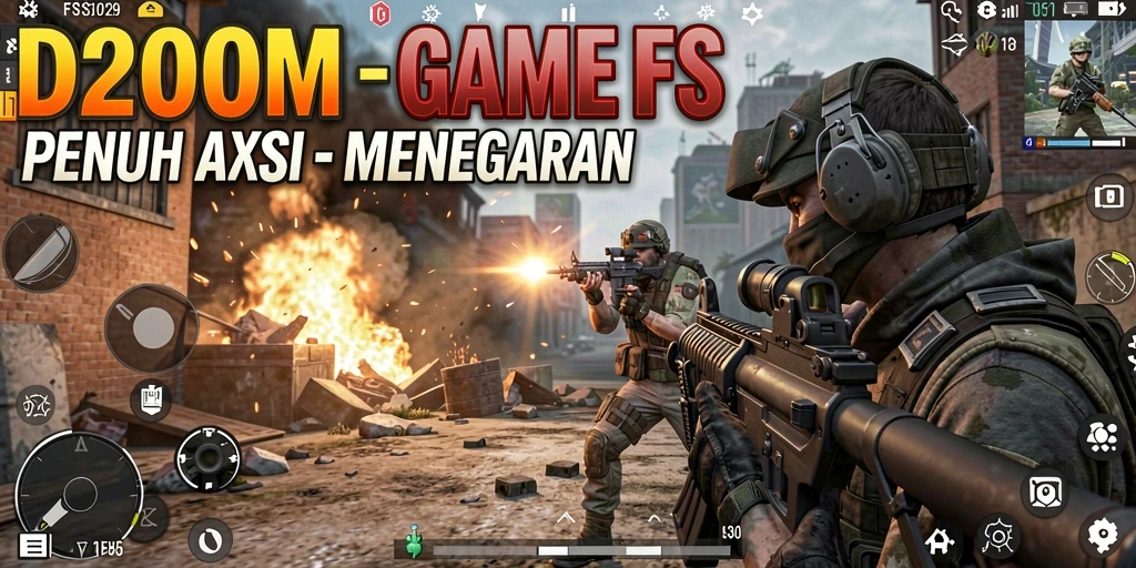 Tampilan gameplay D200M dengan aksi tembak-menembak yang intens.