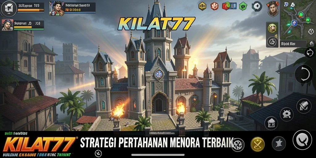 Tampilan gameplay KILAT77 dengan menara bertahan melawan gelombang musuh.