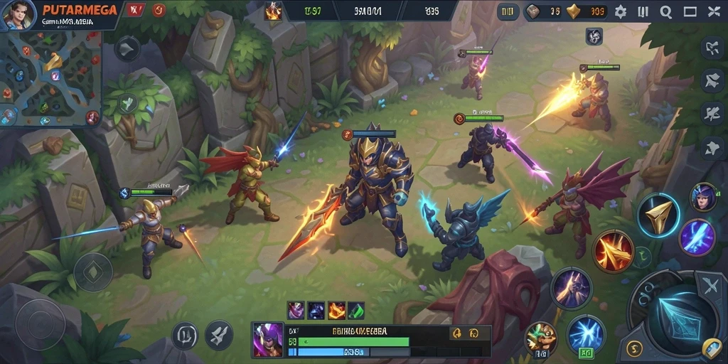 Screenshot utama PUTARMEGA menampilkan aksi intens dalam permainan MOBA.