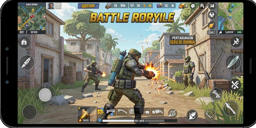 Screenshot gameplay QQSTAR yang menegangkan di medan pertempuran Battle Royale.