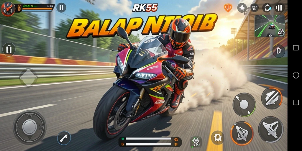 Tampilan gameplay balap motor RK55 yang seru dan mendebarkan.