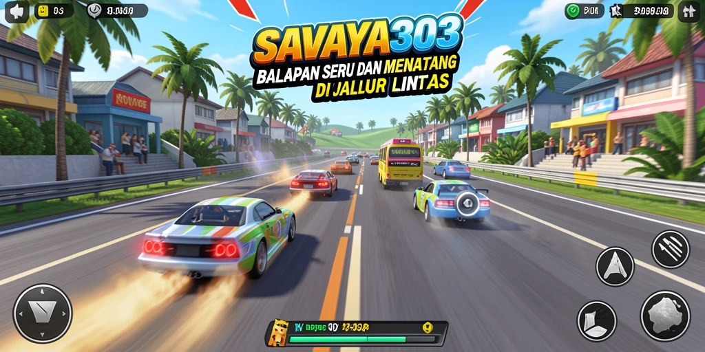 Tampilan gameplay Racing SAVAYA303 dengan mobil beraksi di trek.
